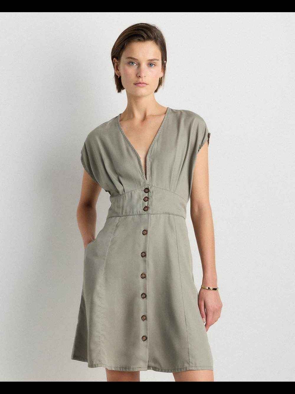 NWOT Quince Vintage Wash Tencel Olive Button-Front V-Neck Mini Dress